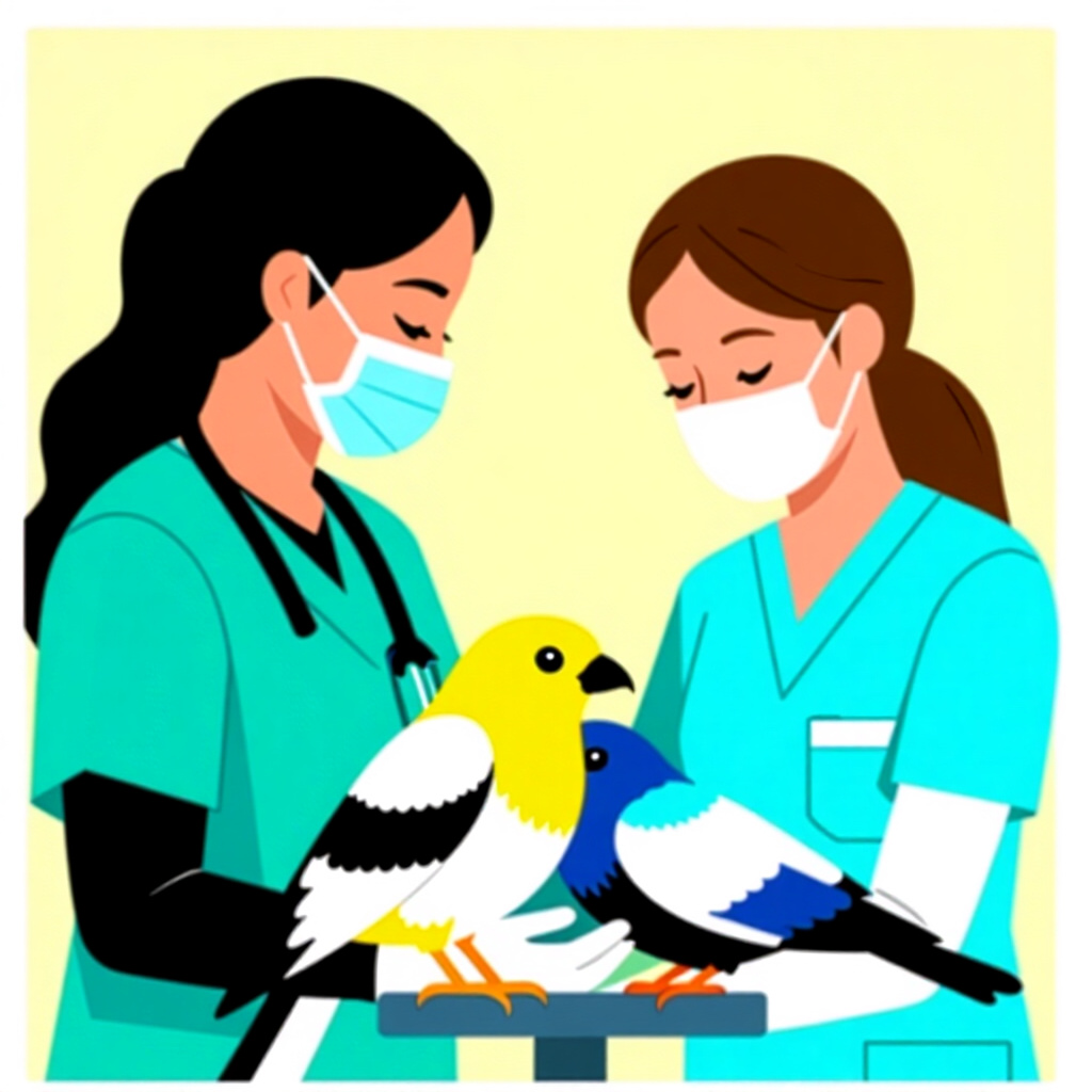 AI生成画像: 鳥のケアに関する画像。画像スタイル: 獣医学的介入を求める現実世界の症例をコミック風に描いたもの、高解像度