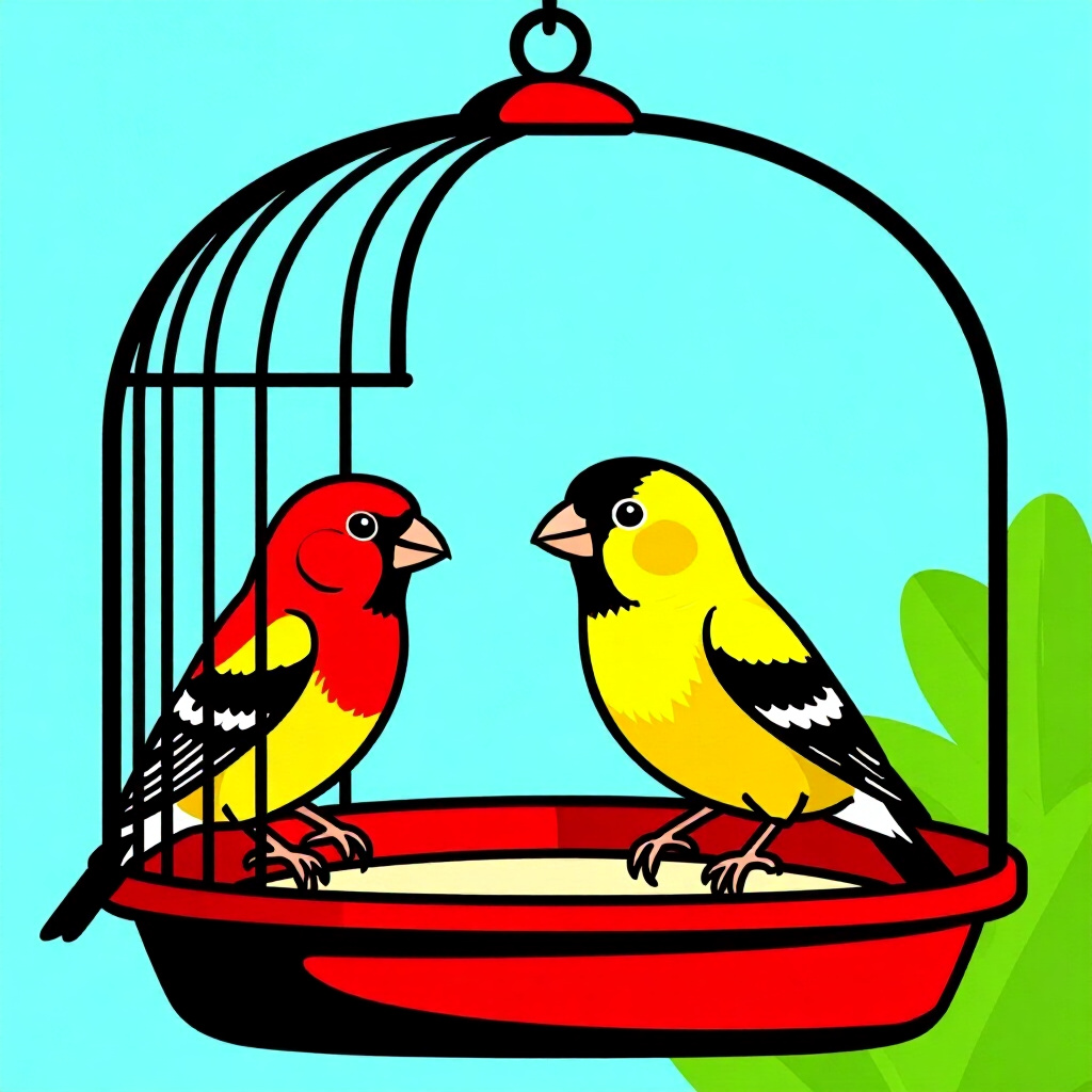 AI generated finch: picture about bird care. picture style: comic introduction finch cage companion stepbystep, high qua