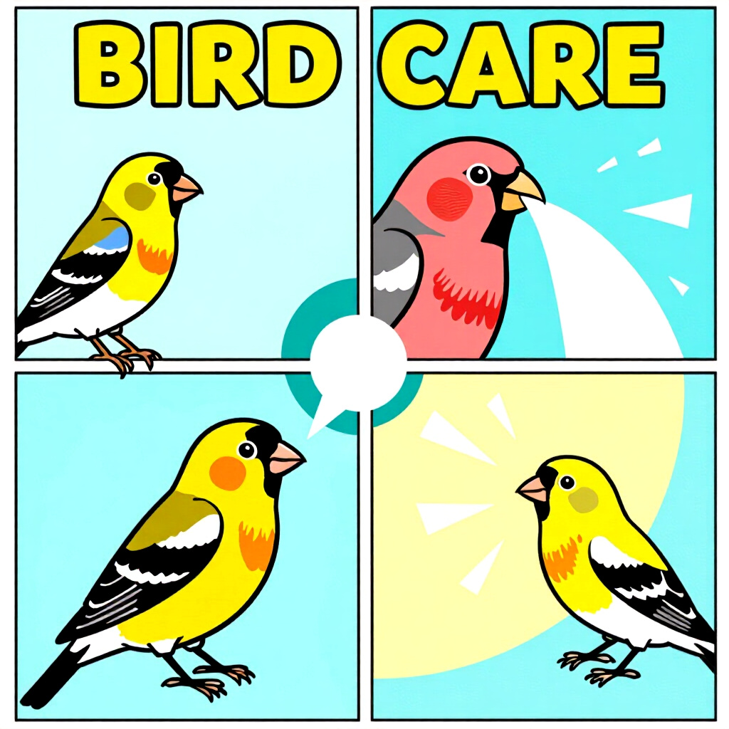 AI generated finch: picture about bird care. picture style: comic introduction finch species managing chronic respirator