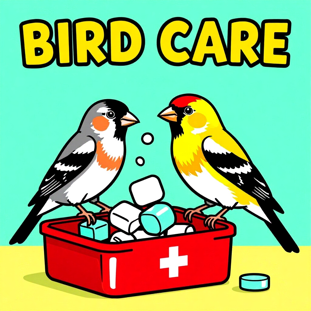 AI generated finch: picture about bird care. picture style: comic build firstaid kit finch safely administer electrolyte