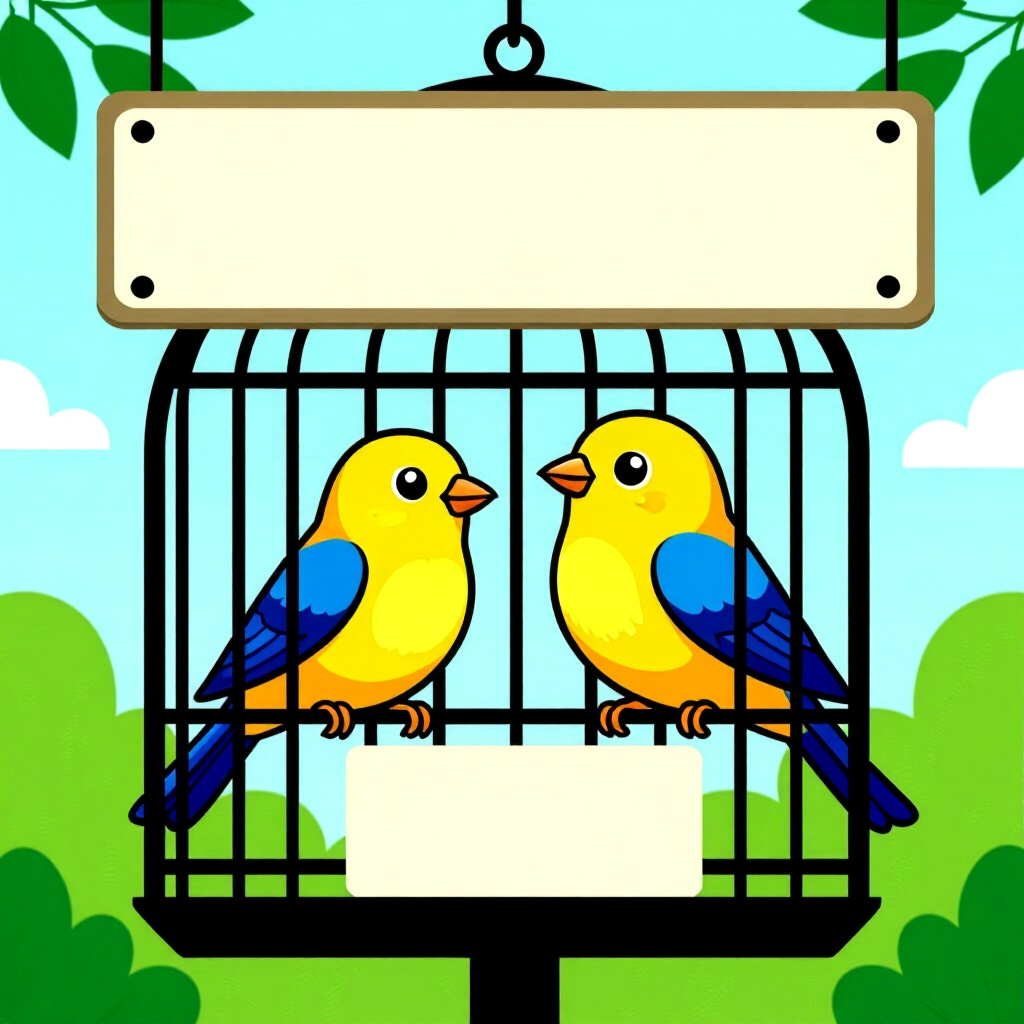 AI generated birds: picture about bird care. picture style: comic birds replace cage signs s m, high quality, detailed