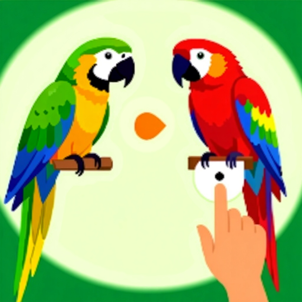AI生成のオウム:鳥のケアに関する画像。画像スタイル:コミック風、ステップバイステップのクリッカー形成によるオウムの紹介、高解像度