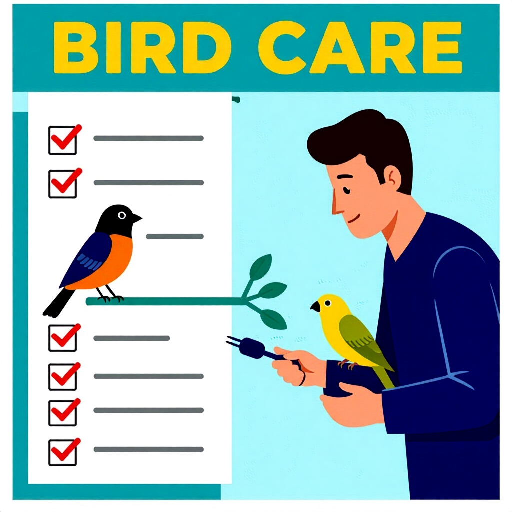 AI generated image: picture about bird care. picture style: comic behavioralmedical issue ultimate checklist preventing,
