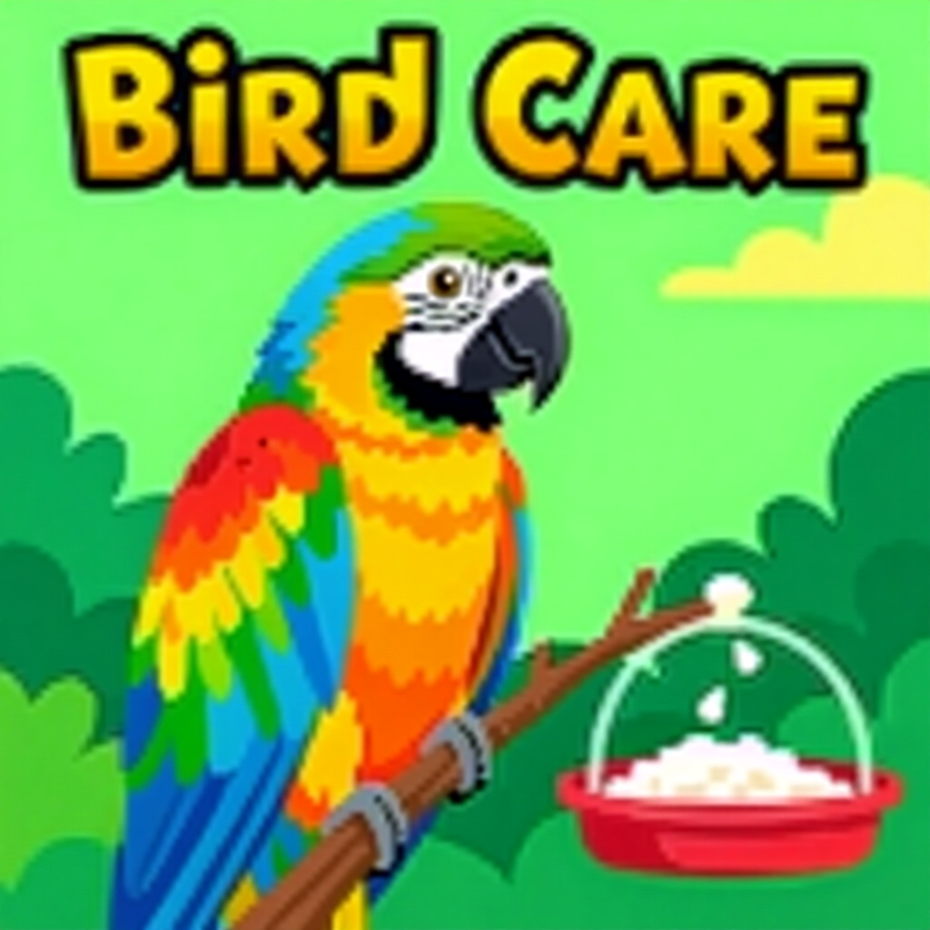 AI generated parrot: picture about bird care. picture style: comic parrot practical guide handraising s m, high quality,