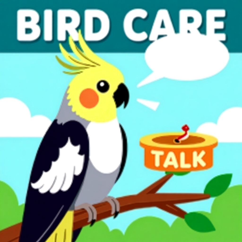 AI generated cockatiel: picture about bird care. picture style: comic introduction cockatiel teach whistle talk, high qualit