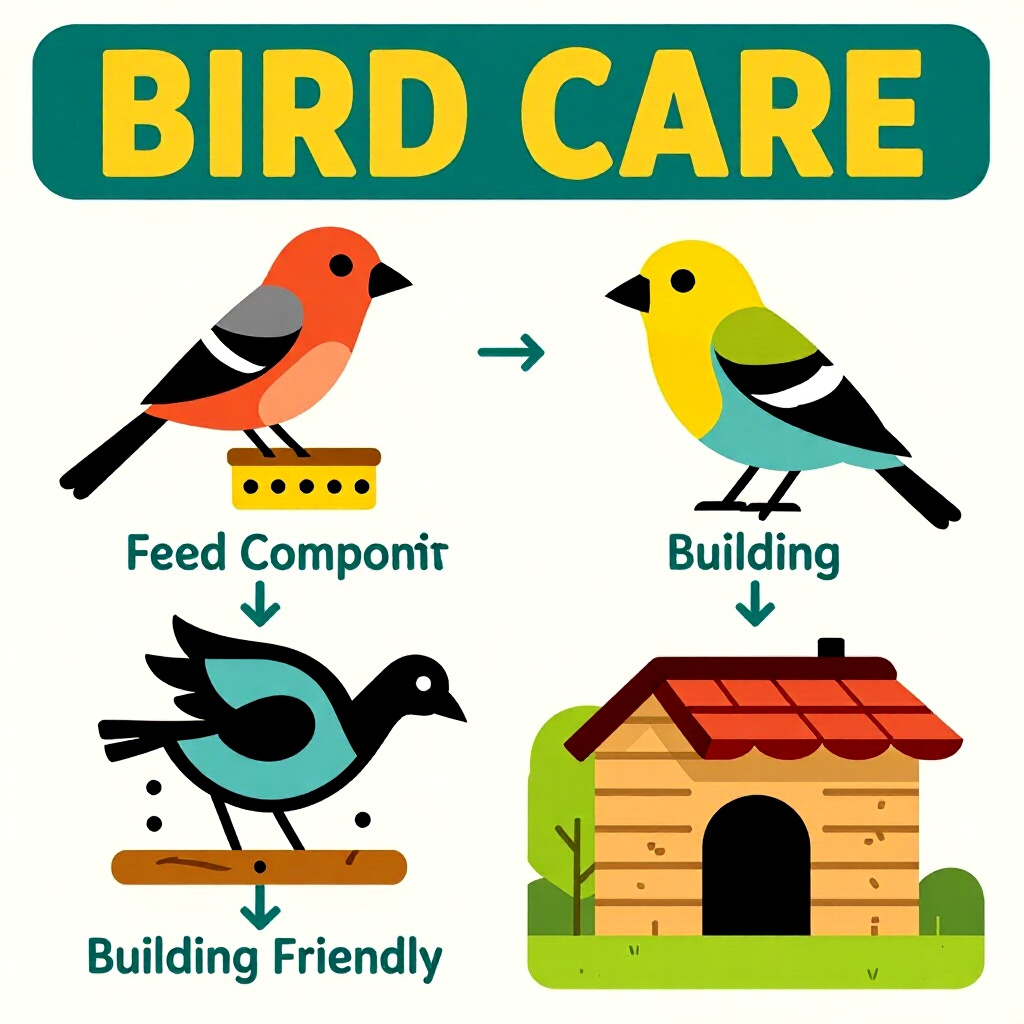 AI generated image: picture about bird care. picture style: comic core components hybrid budgetfriendly feeding building