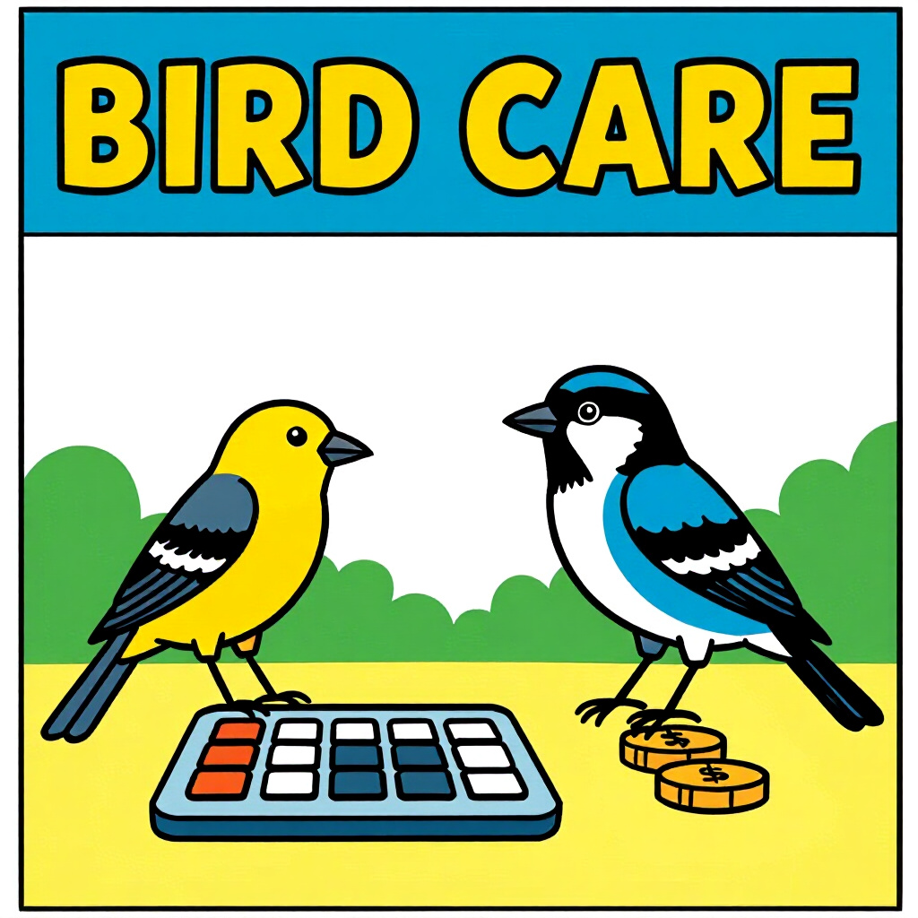AI generated image: picture about bird care. picture style: comic introduction budget breakdown calculating, high qualit