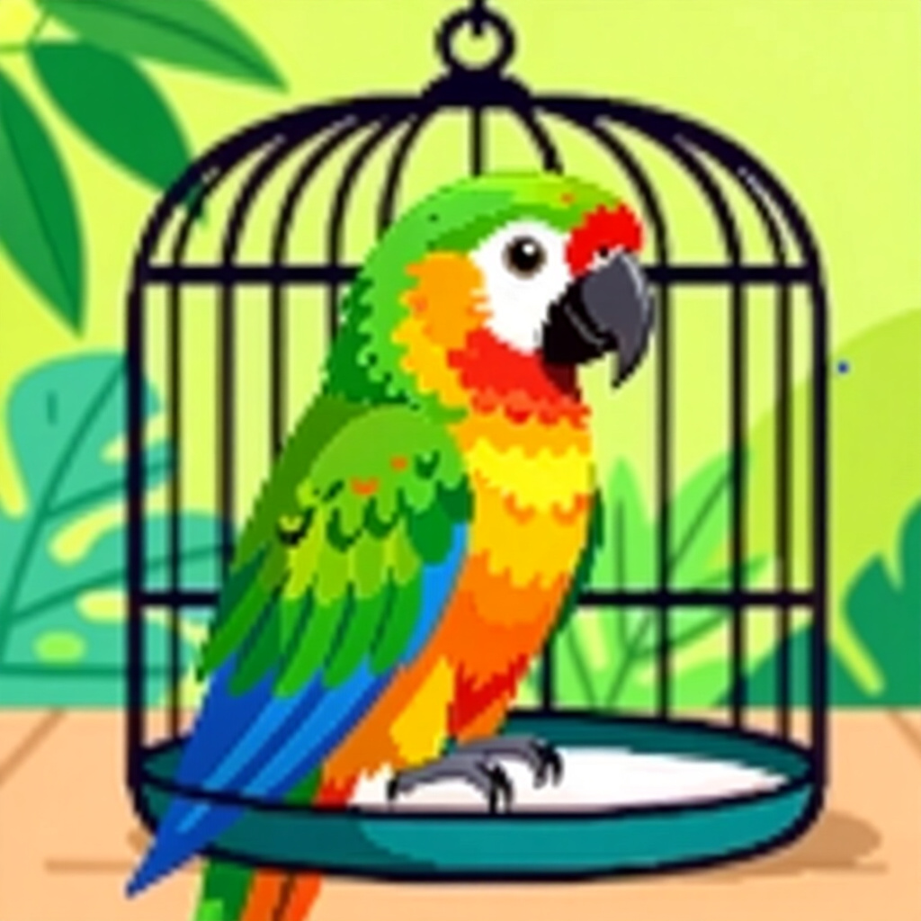 AI generated parrot: picture about bird care. picture style: comic parrot small cage sizing s m, high quality, detailed