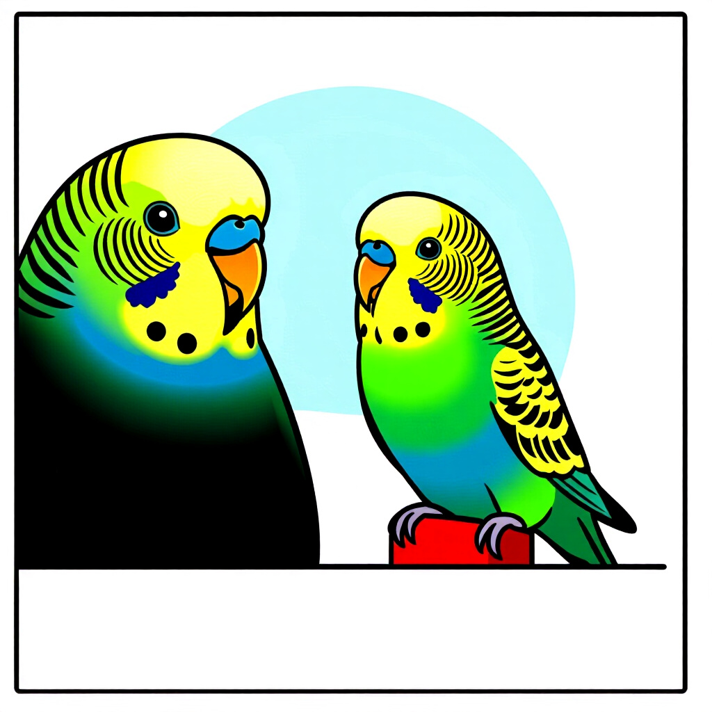 AI生成画像: 鳥の世話に関する画像。画像スタイル: 新しいセキセイインコの紹介を紹介する漫画風イントロ、高品質、