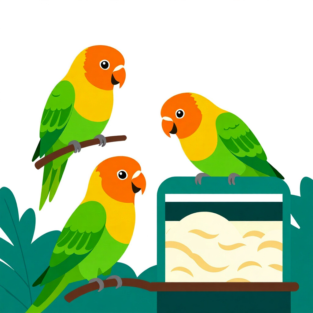 AI生成の鳥:鳥のケアに関する画像。画像スタイル:コミック ラブバードの社会的ダイナミクス 安全に新しい鳥を紹介、高品質