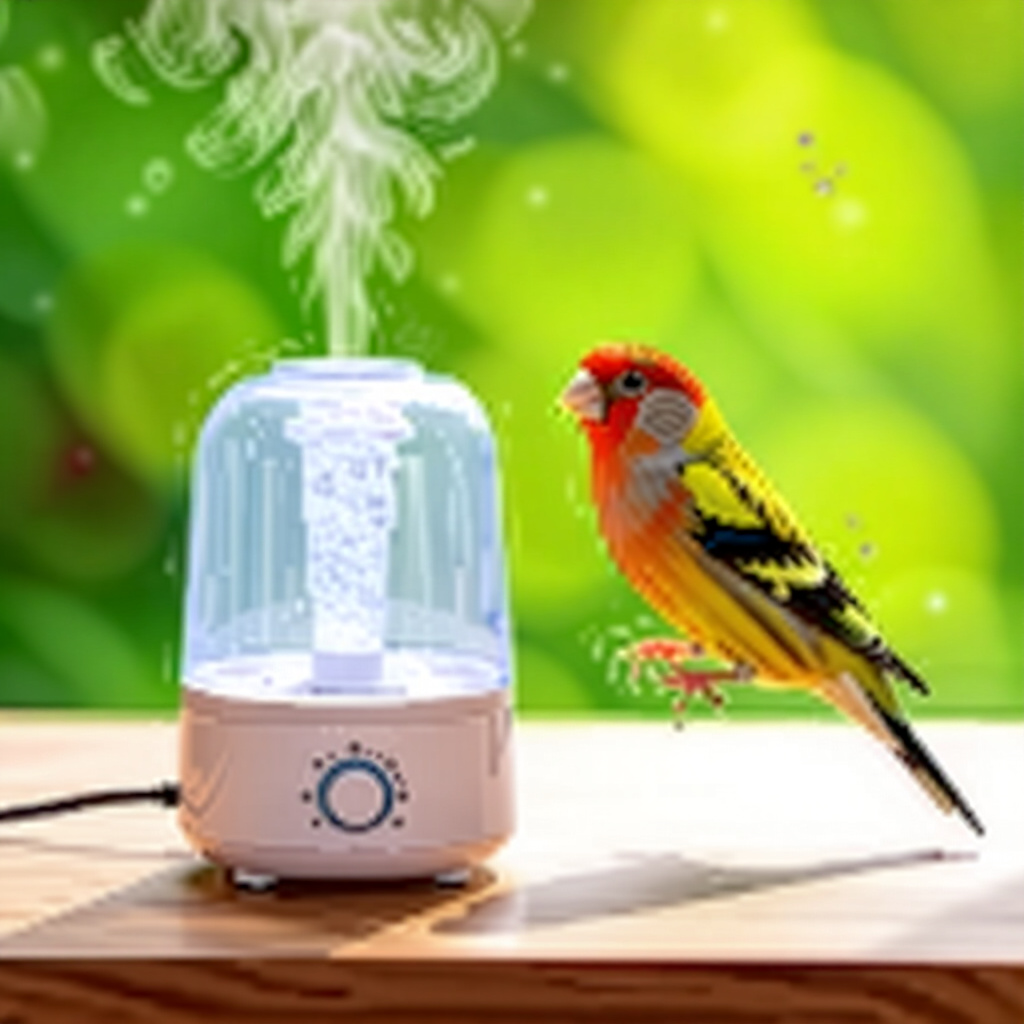 AI generated finch: picture about bird care. picture style: comic humidity matters finches finch diy portable humidifier
