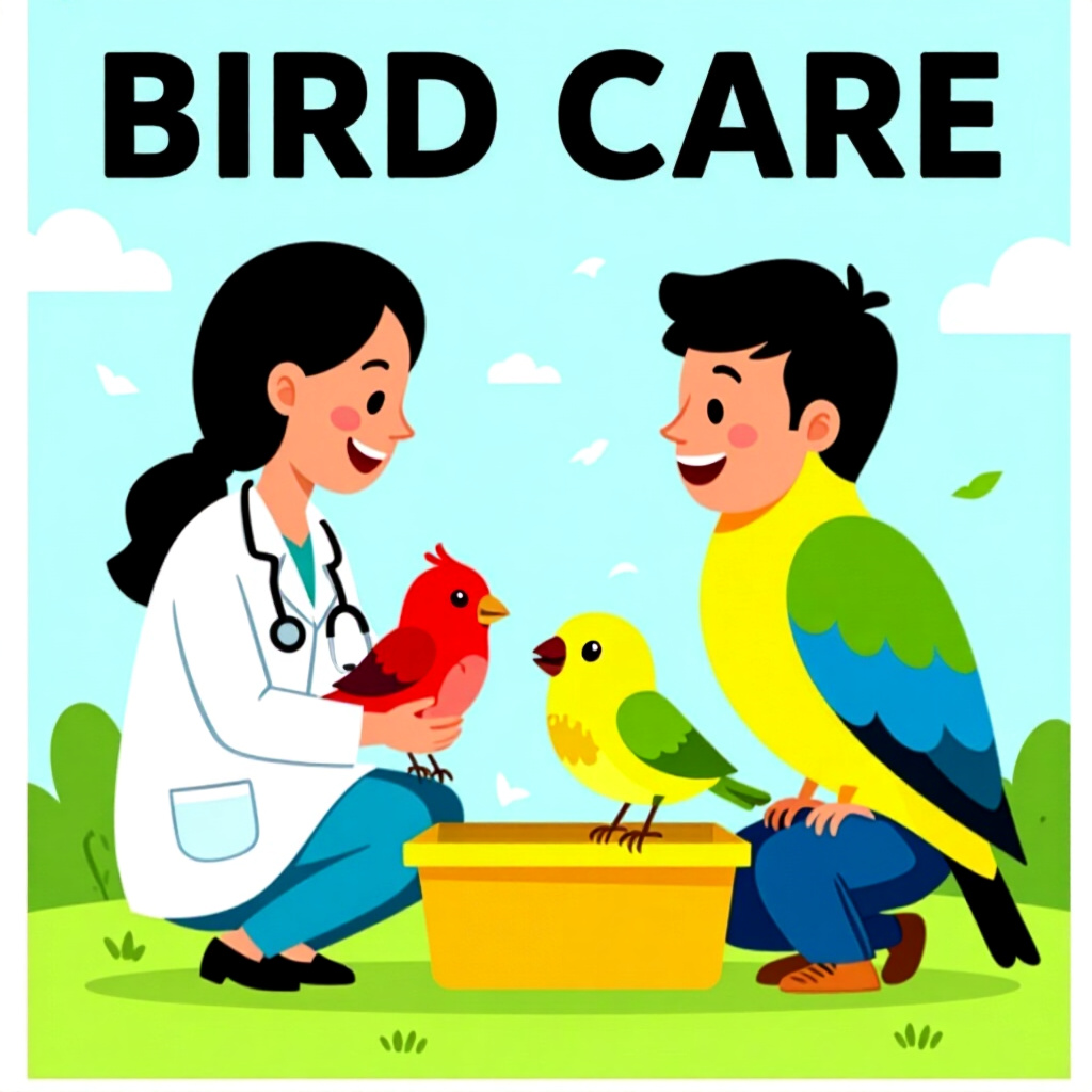 AI generated bird: picture about bird care. picture style: comic owner vet smallbird breeder s m, high quality, detaile