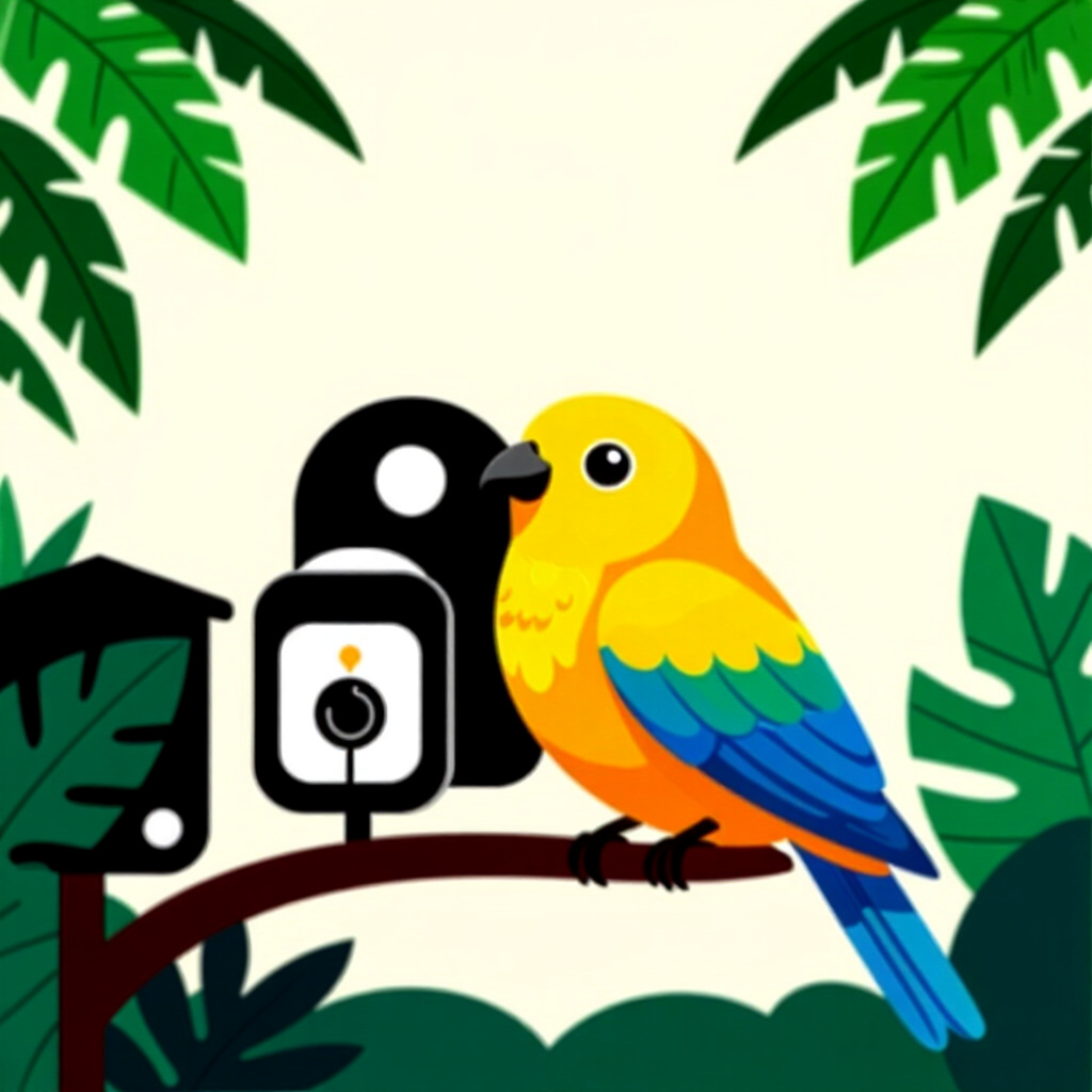AI generated bird: picture about bird care. picture style: comic tropical comfort zone bird using smart home, high qual