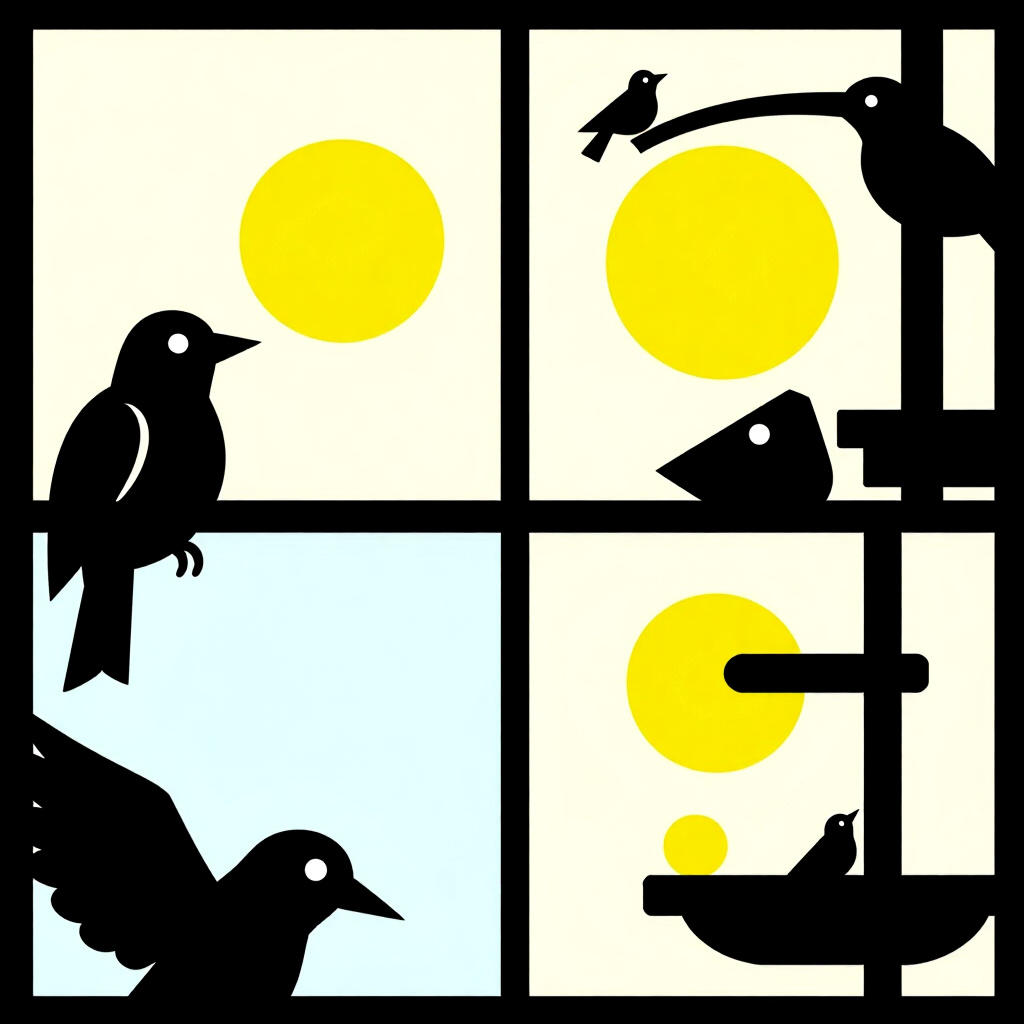 AI生成画像: 鳥のケアに関する画像。画像スタイル: コミック キャリブレーションの基本 自動化されたタイマー式の実装、高