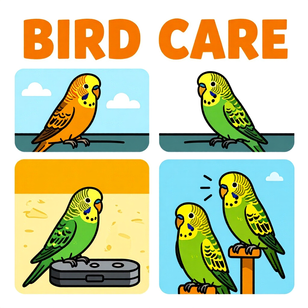 AI generated image: picture about bird care. picture style: comic selecting target clicker basics budgerigars, high qual