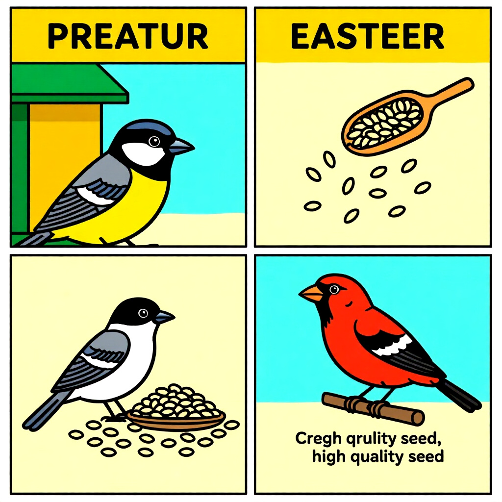 AI generated image: picture about bird care. picture style: comic preparation steps creating highfiber seed, high qualit