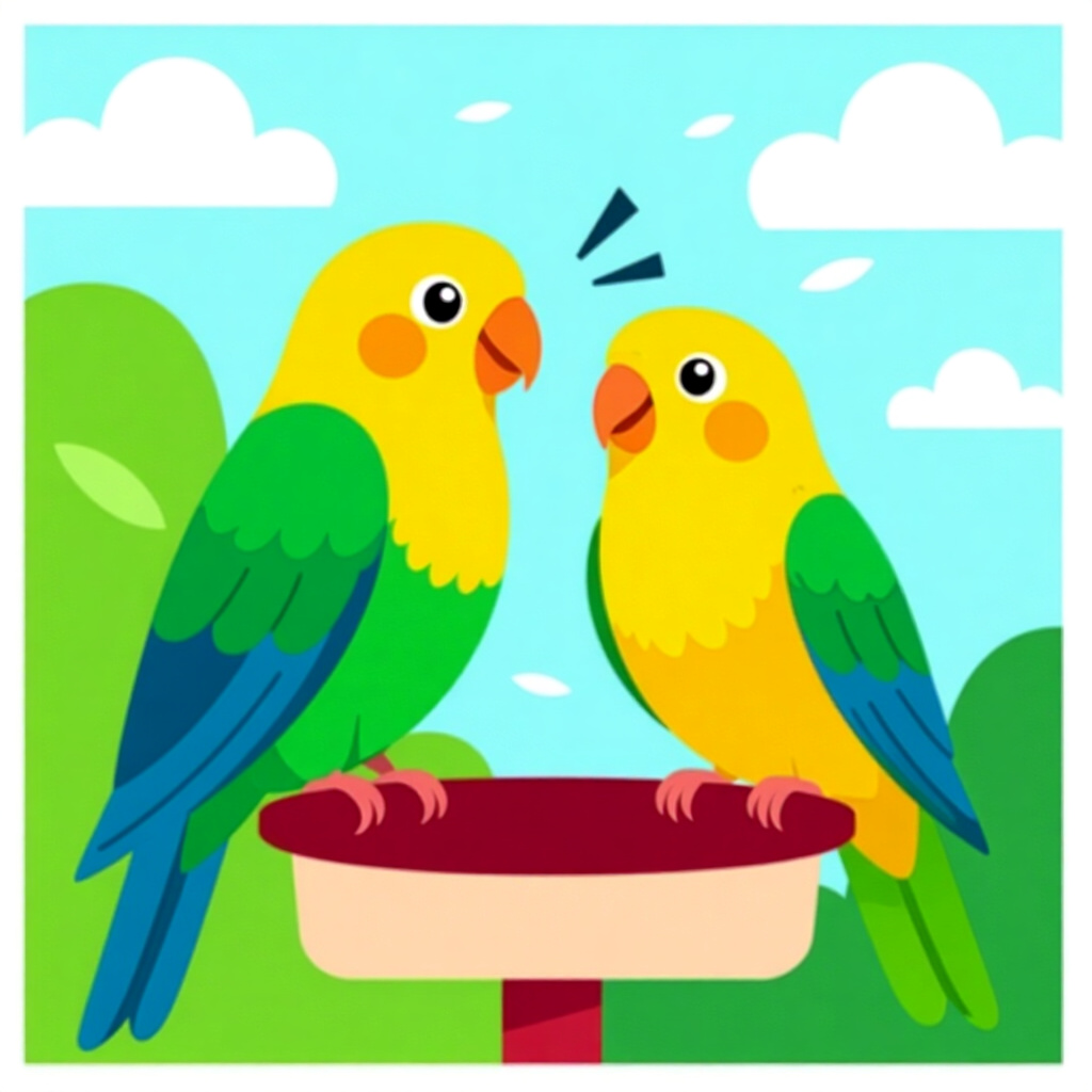 AI生成の鳥:鳥のお世話についての画像。画像スタイル:コミック、イントロ、静寂、ペットの鳥、一般的な問題解決