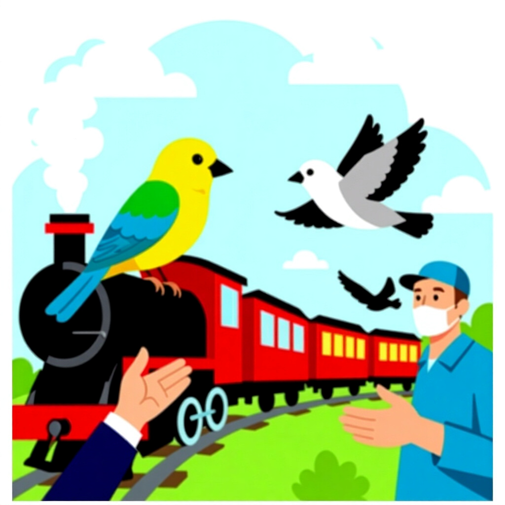 AI generated bird: picture about bird care. picture style: comic introduction bird train decline human, high quality, d