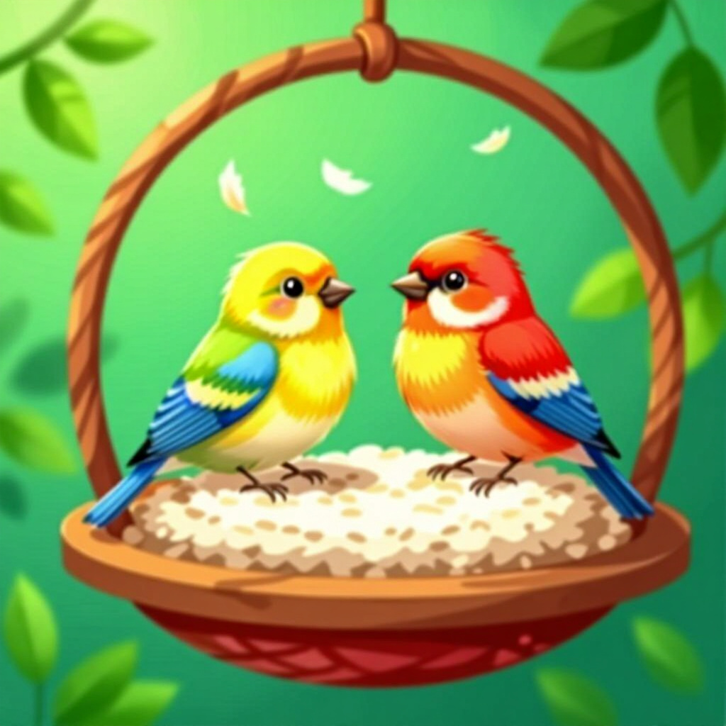 AI生成された鳥:鳥のケアに関する画像。画像スタイル:漫画の鳥のペット、落ち着いた雰囲気、小さな鳥が落ち着いた環境を作る