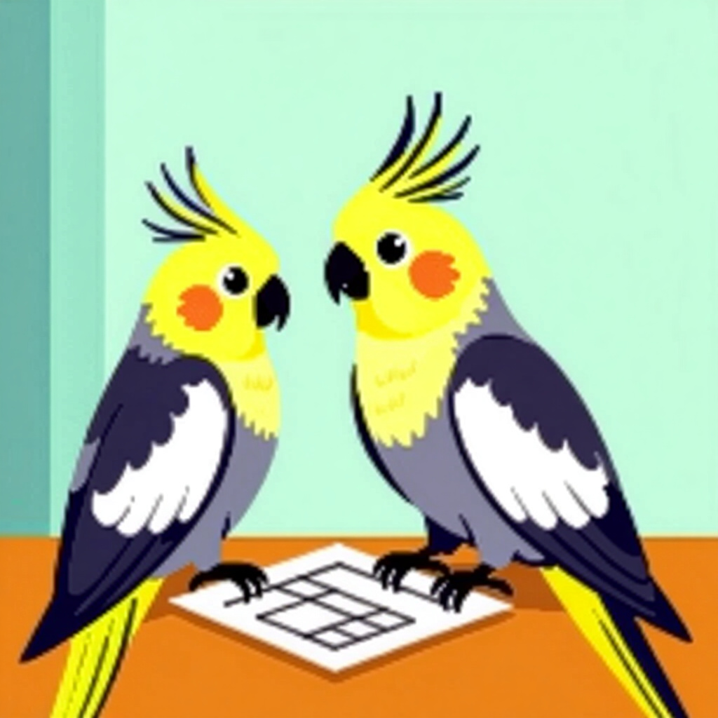 AI generated cockatiel: picture about bird care. picture style: comic cockatiel calculating space needs s m, high quality, d