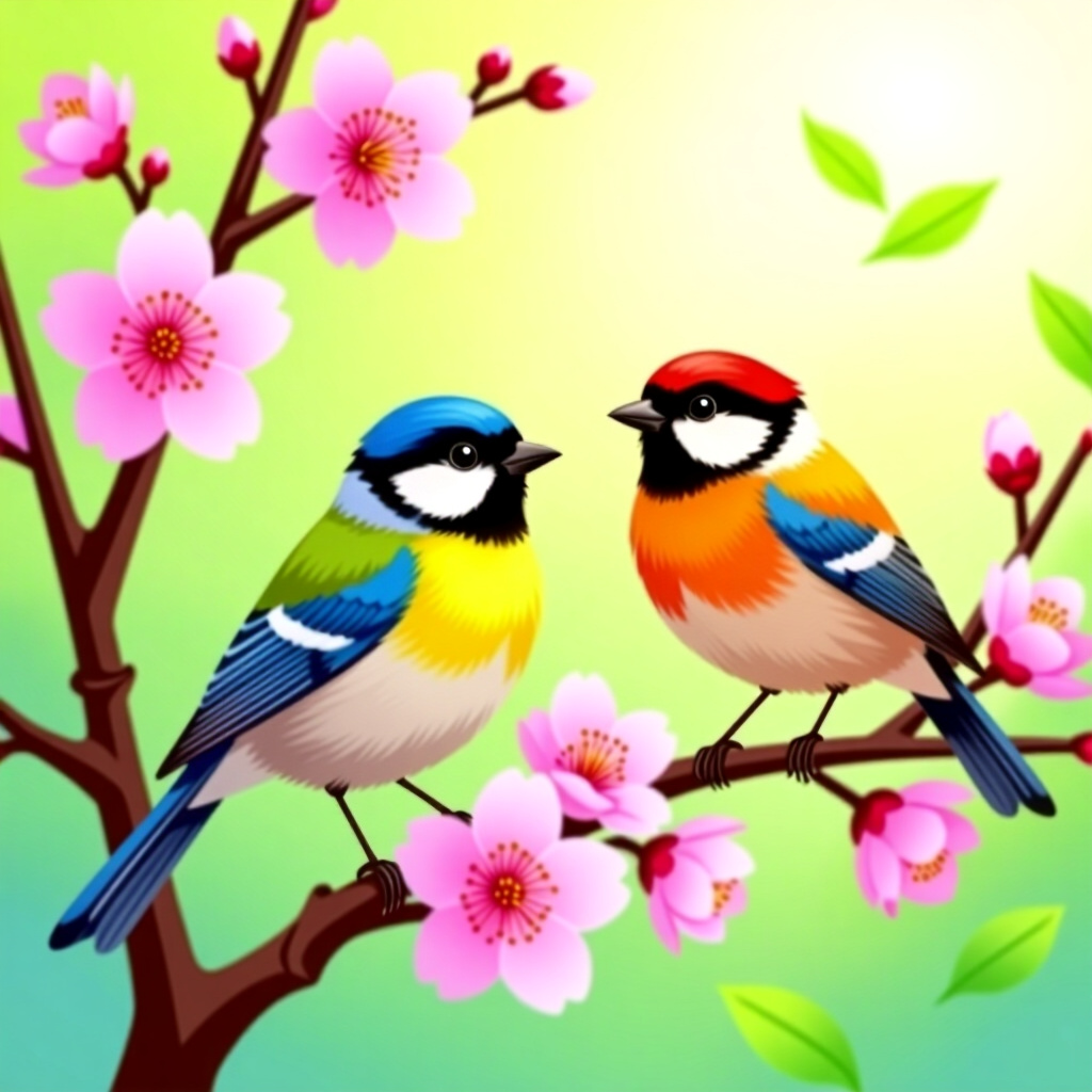 AI生成画像:鳥の世話に関する絵。絵のスタイル:春の開花の利点をコミック調で調達、高品質、詳細