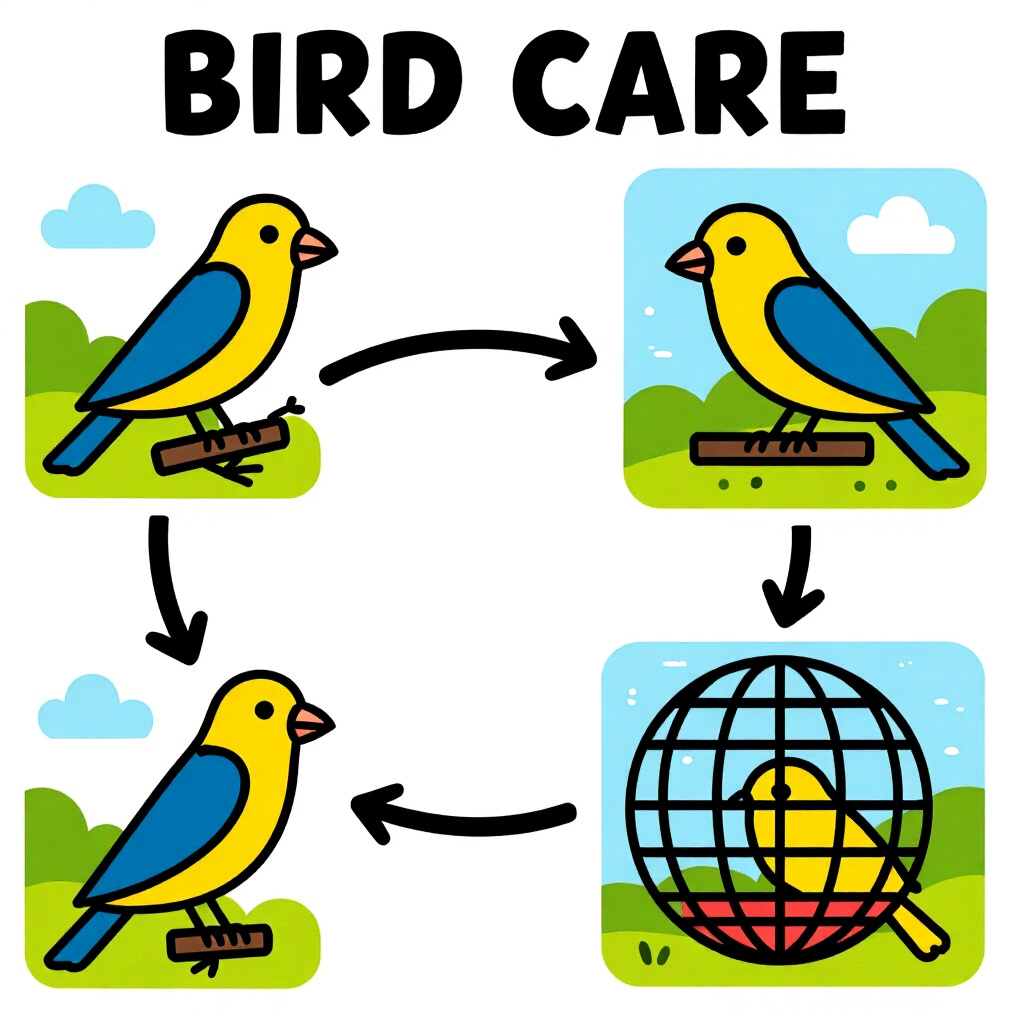 AI生成画像:鳥のケアに関する画像。画像スタイル:コミック 研究のハイライトを平易に説明し、エンリッチメントローテーションを作成する