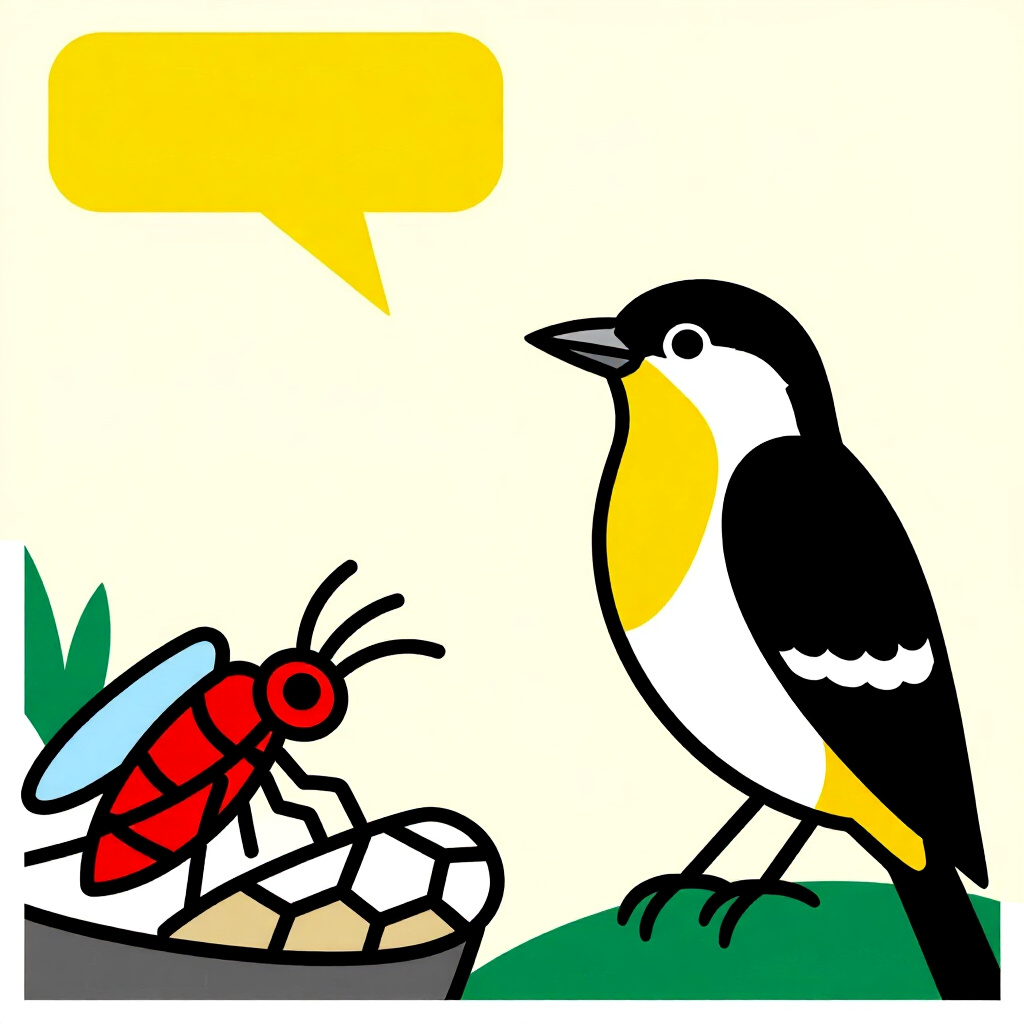 AI generated image: picture about bird care. picture style: comic introduction transitioning storebought insect, high qu