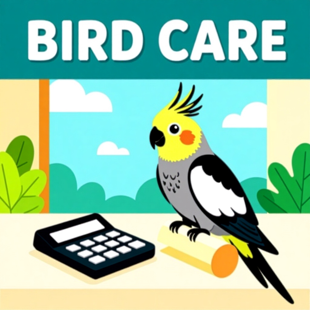 AI generated cockatiel: picture about bird care. picture style: comic introduction cockatiel calculating space needs, high q