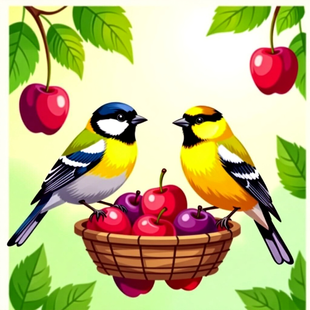 AI generated birds: picture about bird care. picture style: comic late spring birds ultimate safefruit list, high qualit