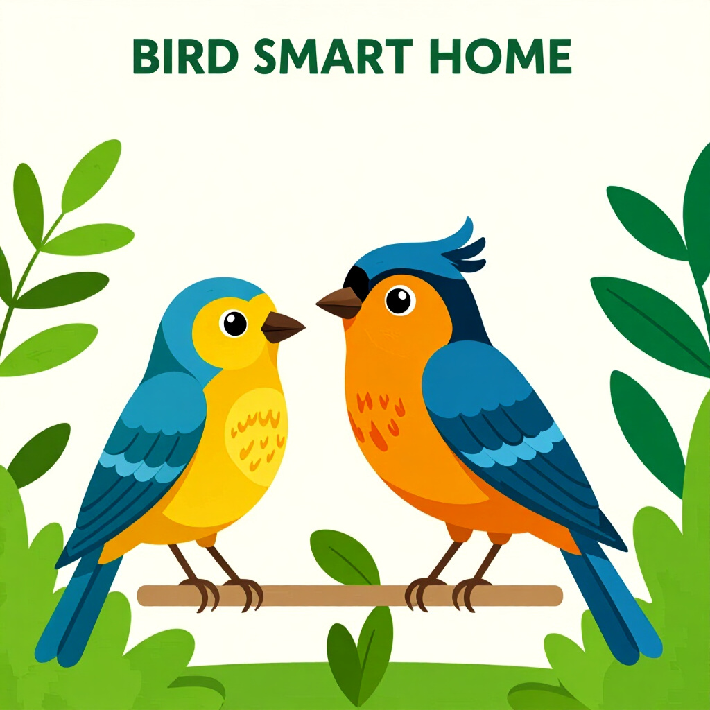 AI generated bird: picture about bird care. picture style: comic introduction bird using smart home, high quality, deta