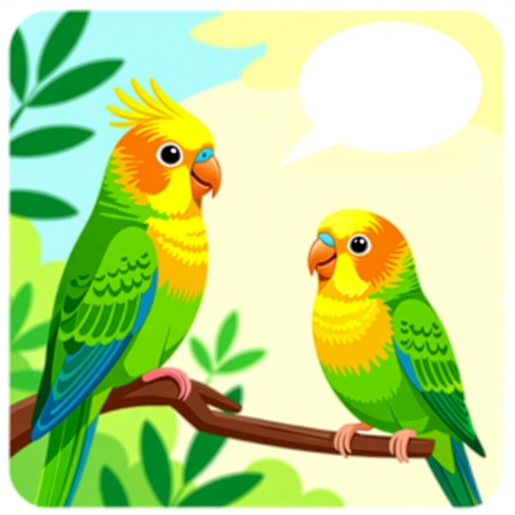 AI generated image: picture about bird care. picture style: comic phase reinforcement training grassparakeet talk, high