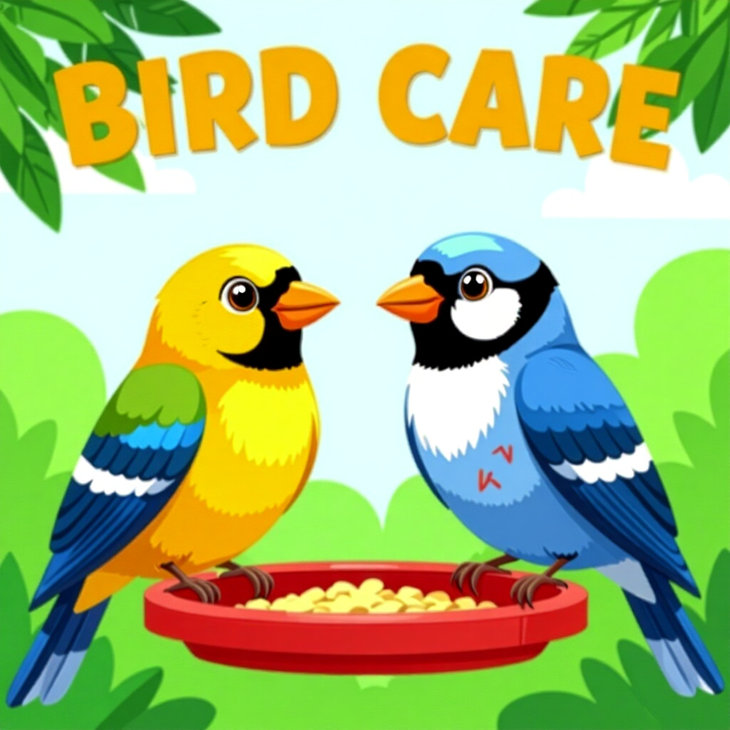 AI generated birds: picture about bird care. picture style: comic birds using positive reinforcement s m, high quality, 
