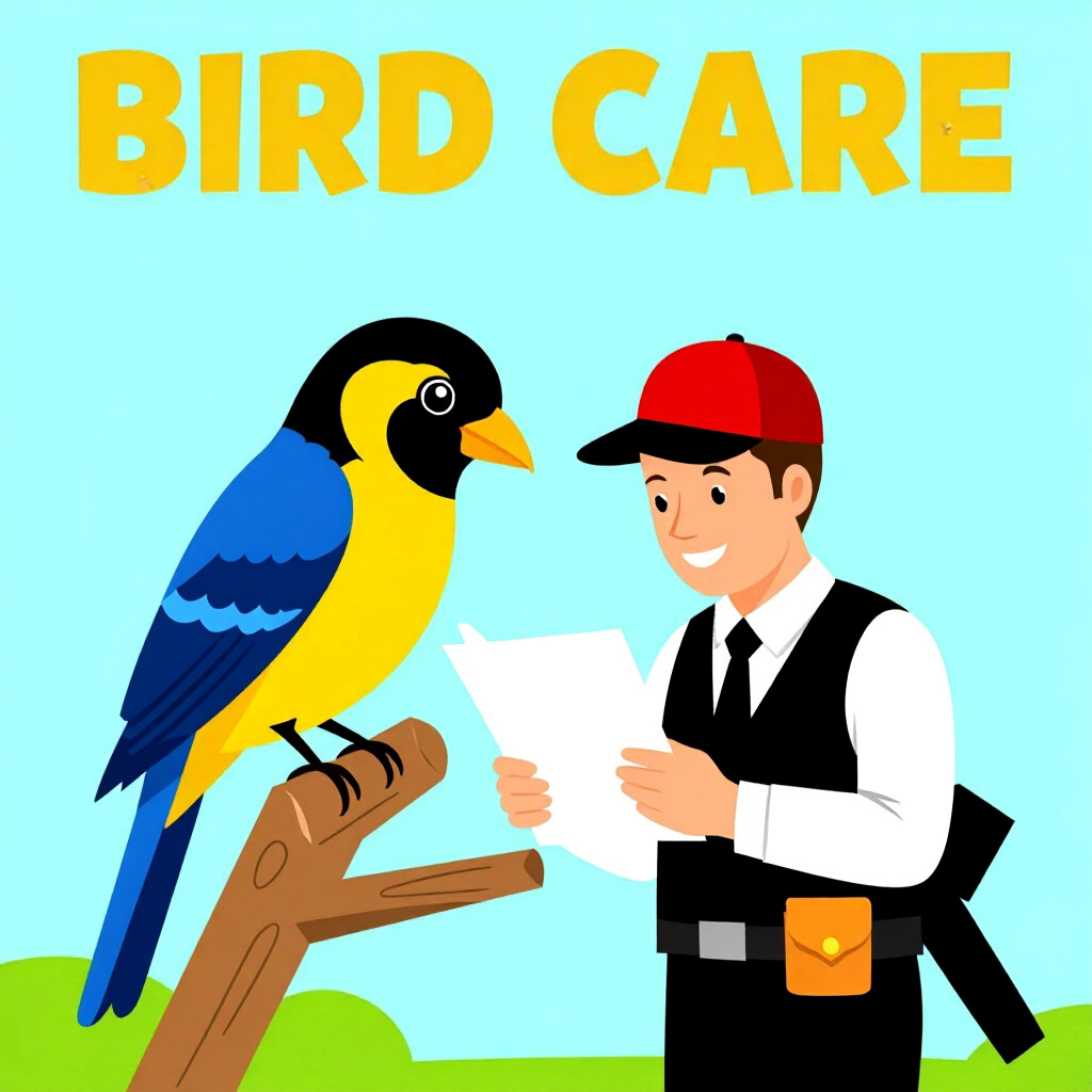 AI generated bird: picture about bird care. picture style: comic bird understanding breeder licenses s m, high quality,