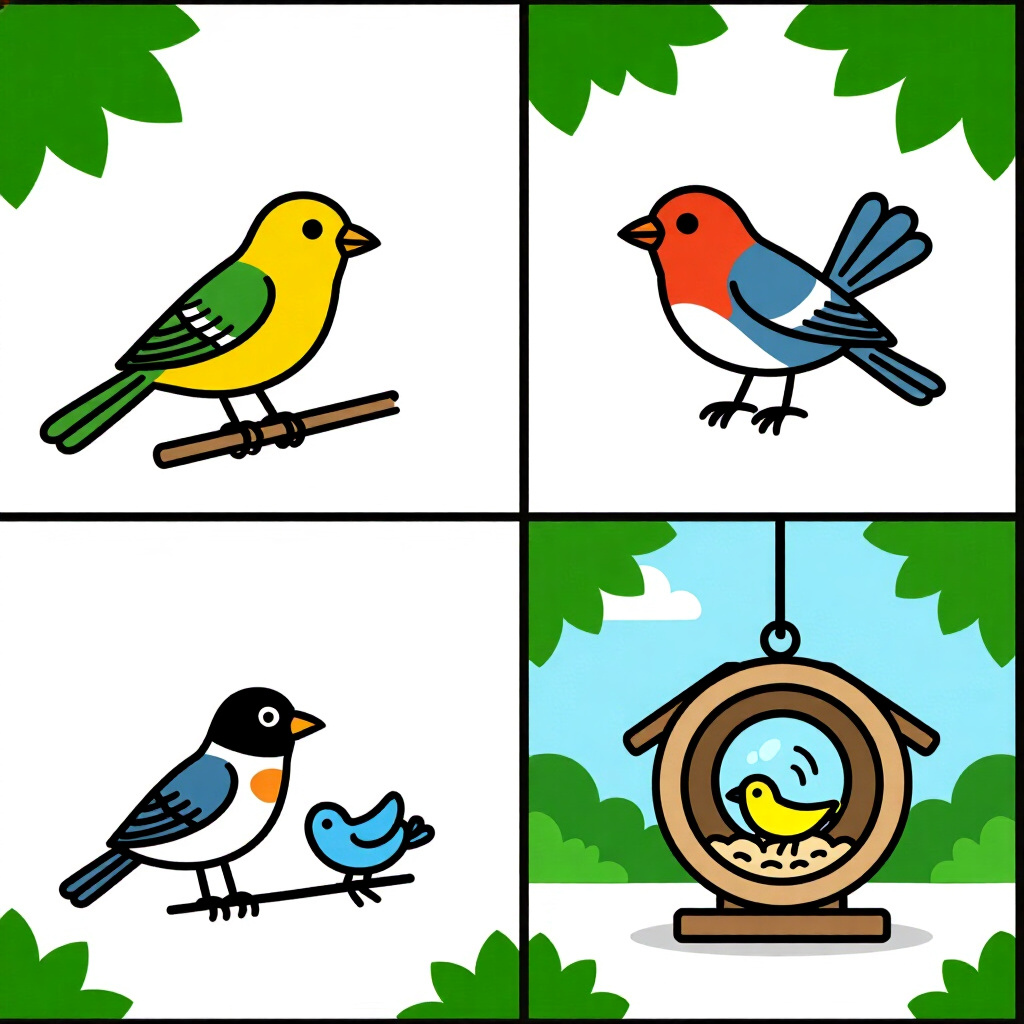 AI generated image: picture about bird care. picture style: comic introduction creating enrichment rotations, high quali