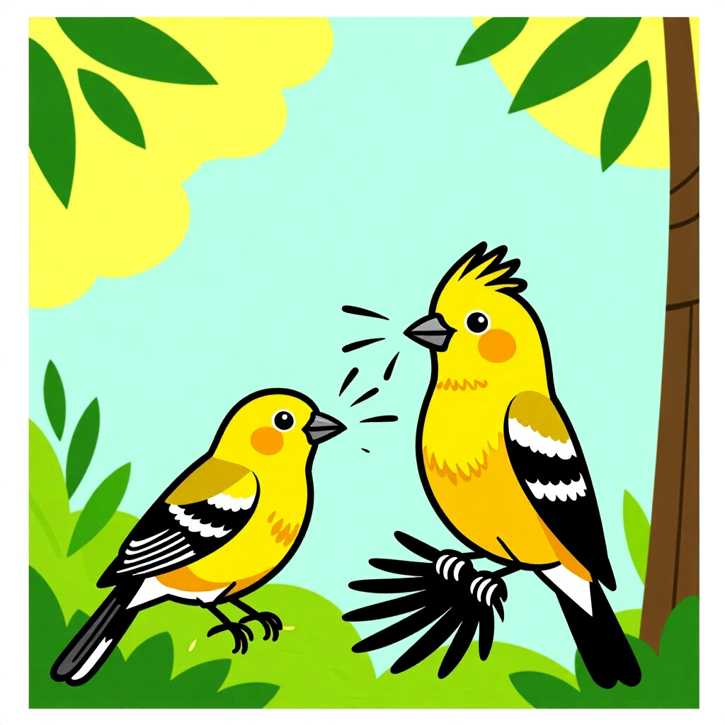 AI生成画像: 鳥のケアに関する画像。画像スタイル: 漫画 羽引き抜きが発生 新しい文鳥の統合を追加、こんにちは