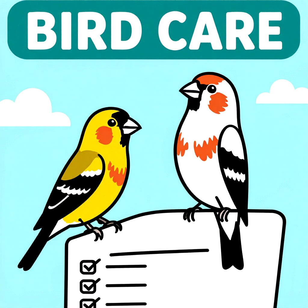AI generated finch: picture about bird care. picture style: comic establish baseline finch veterinarians checklist spott