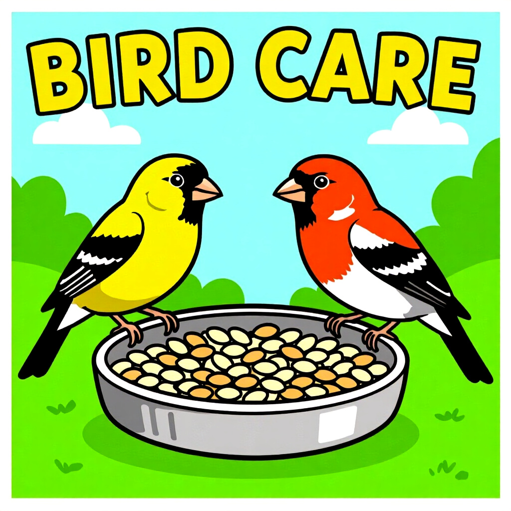 AI generated finch: picture about bird care. picture style: comic realworld success story finch lowcalorie seed mix, hig