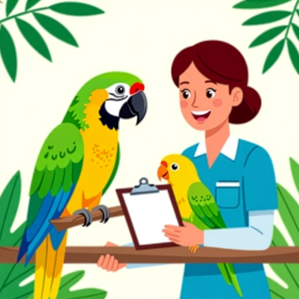 AI generated parrot: picture about bird care. picture style: comic previsit health log parrot owners complete previsit he