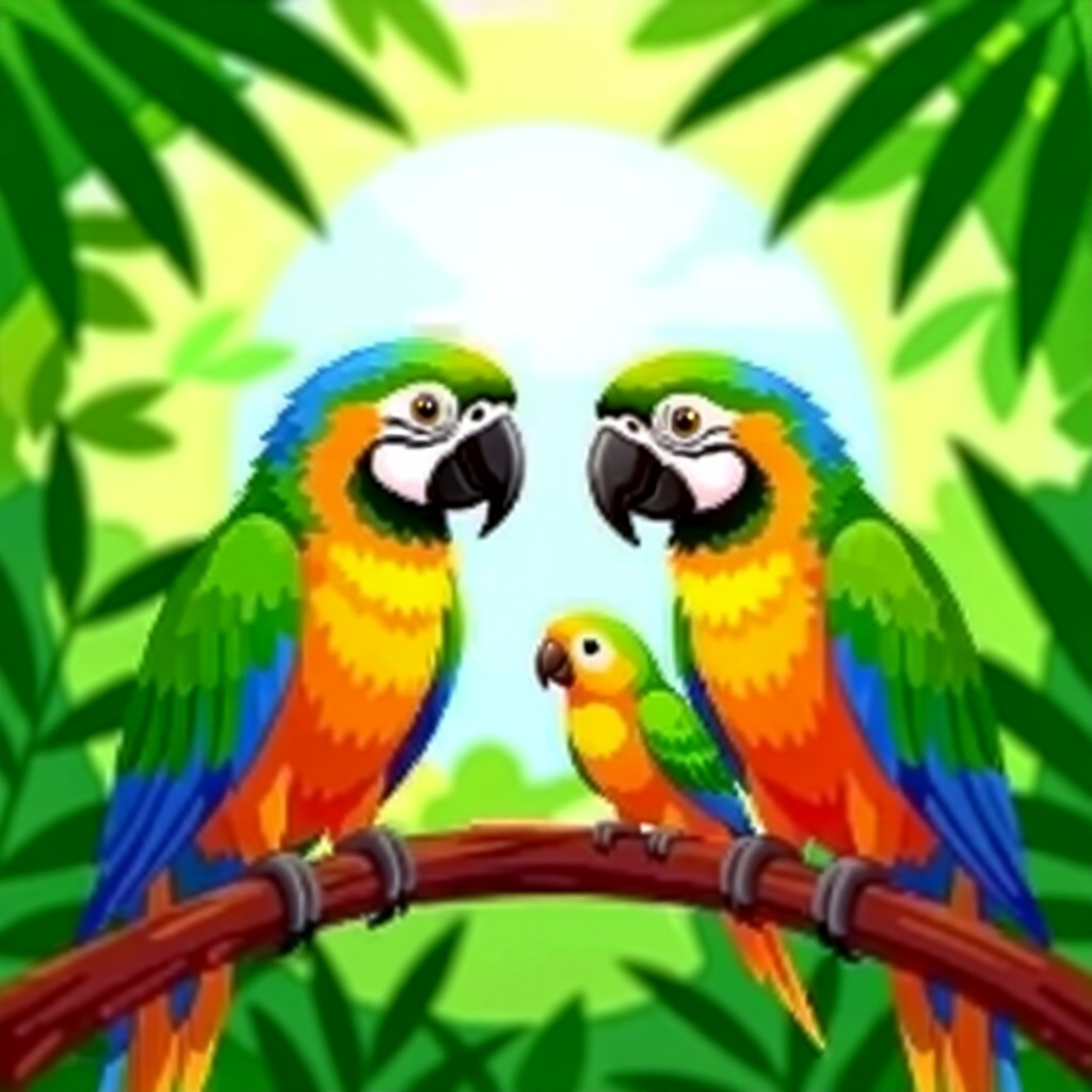 AI generated parrots: picture about bird care. picture style: comic parrots protecting small barrelated s m, high quality,