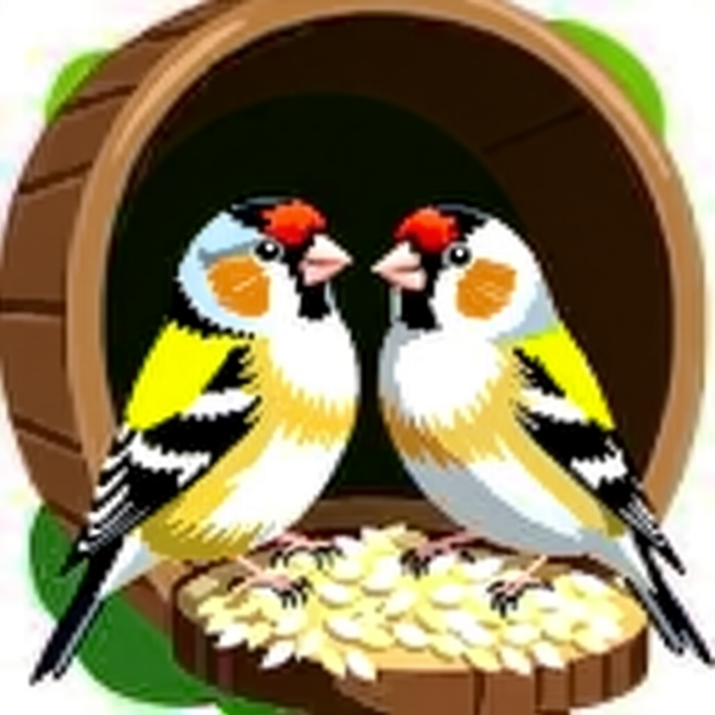 AI generated finch: picture about bird care. picture style: comic cohabiting two finches s m, high quality, detailed