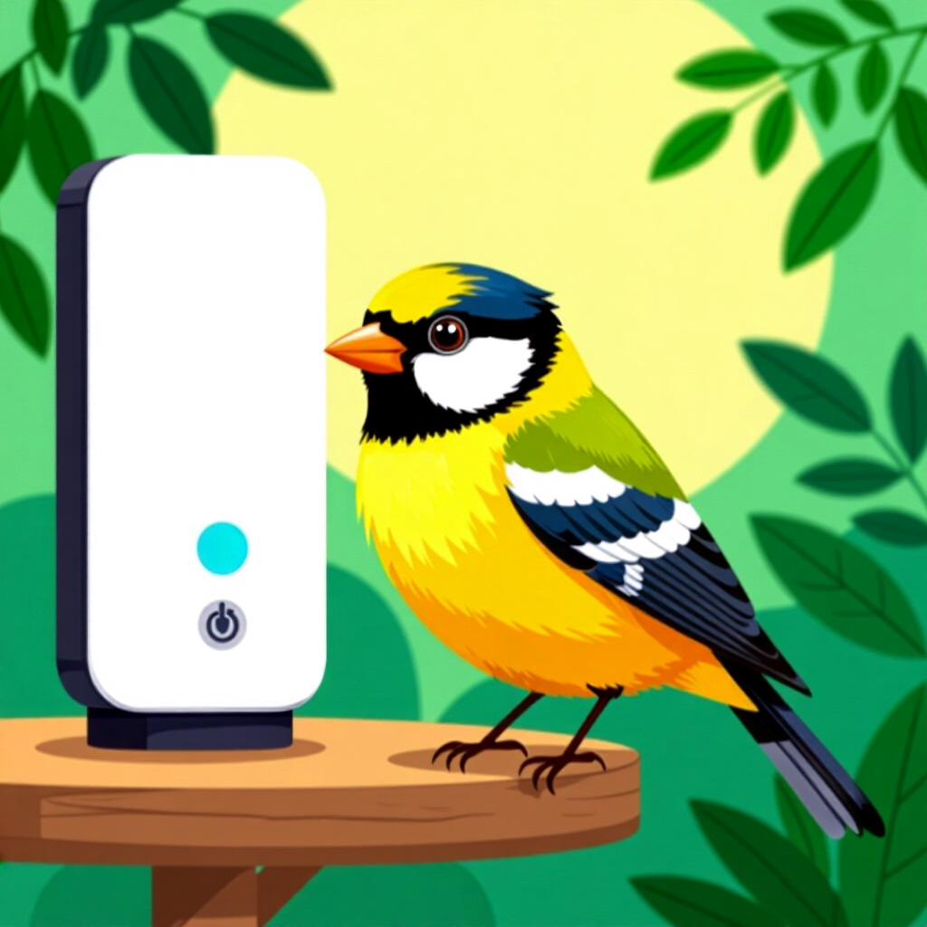 AI generated bird: picture about bird care. picture style: comic bird using smart home s m, high quality, detailed