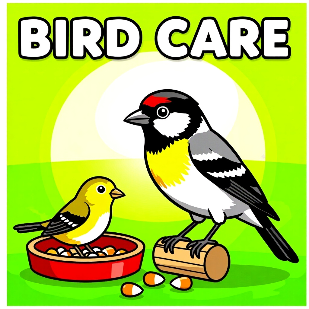 AI generated image: picture about bird care. picture style: comic introduction brainboosting foraging toys, high quality