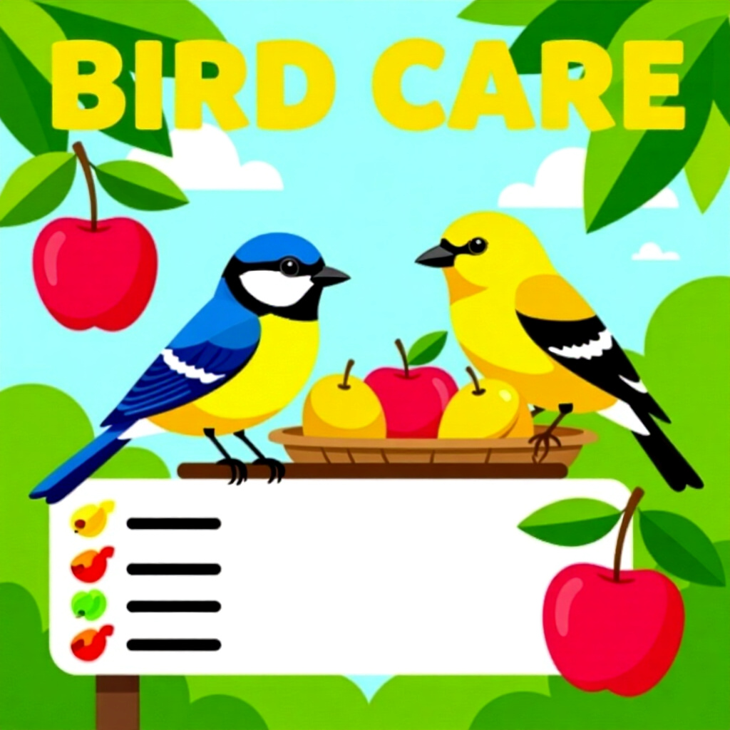 AI generated birds: picture about bird care. picture style: comic summer birds ultimate safefruit list, high quality, de