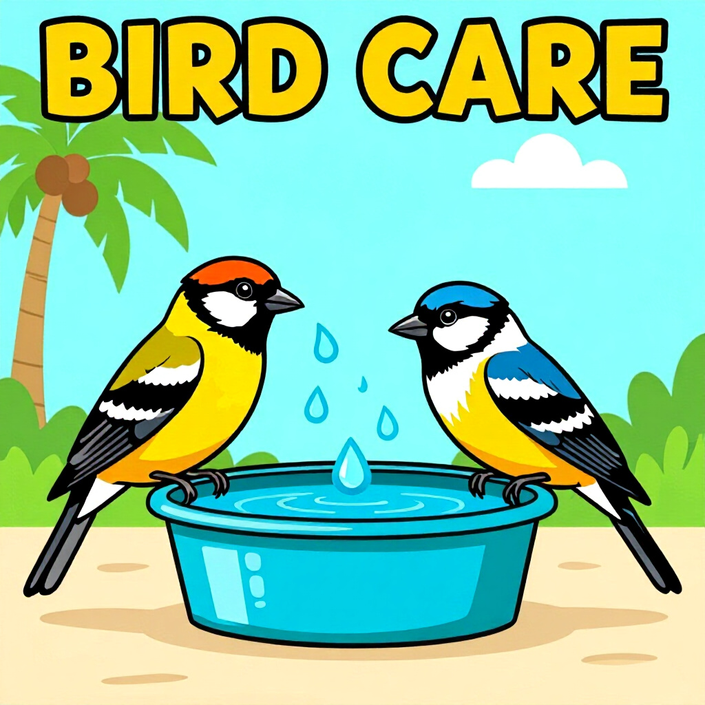 AI generated bird: picture about bird care. picture style: comic bird species calculate daily water s m, high quality,