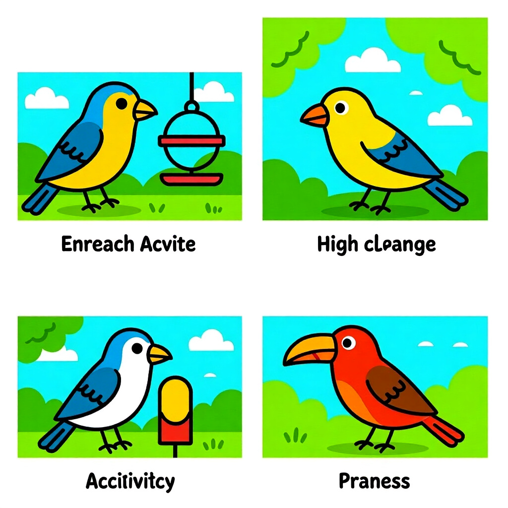 AI生成画像:鳥のケアに関する画像。画像スタイル:漫画風、エンリッチメント活動を紹介する、高品質