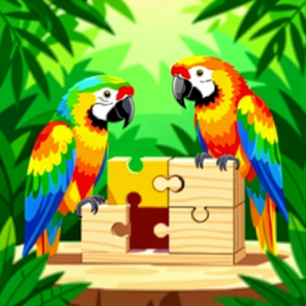 AI generated parrots: picture about bird care. picture style: comic parrots building foraging puzzle s m, high quality, de