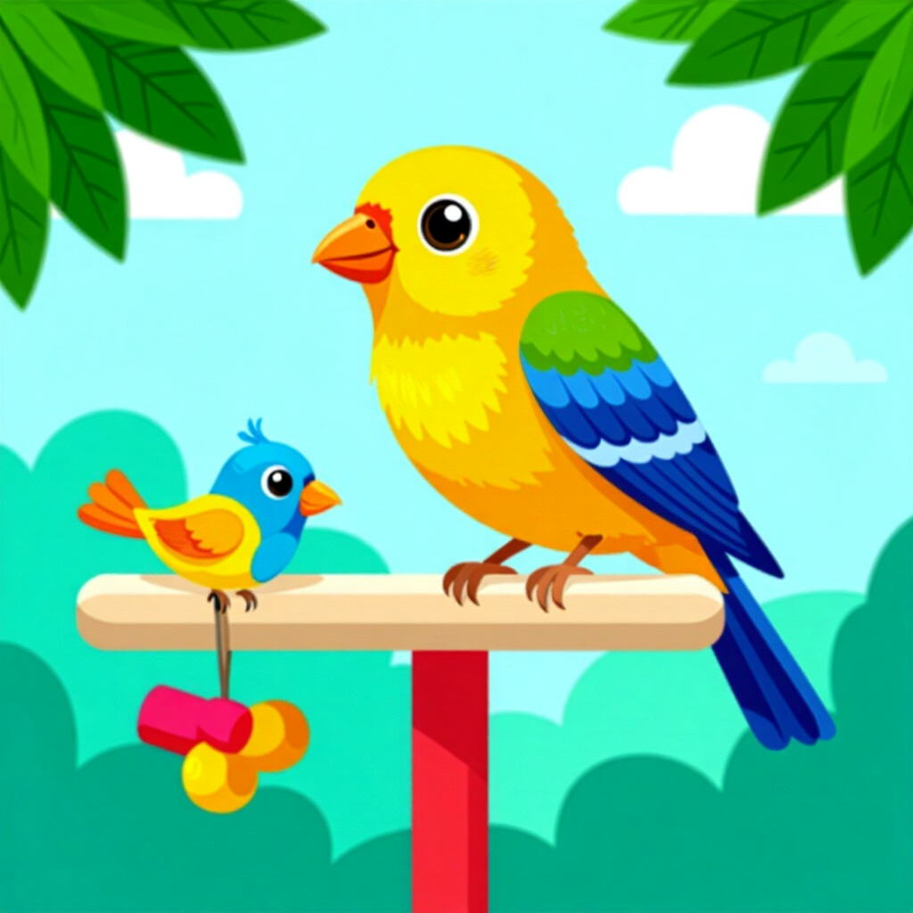 AI generated bird: picture about bird care. picture style: comic bird sanitizing perches toys s m, high quality, detail