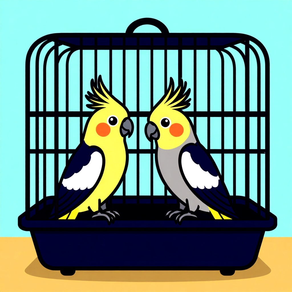 AI generated cockatiel: picture about bird care. picture style: comic cockatiel rectangular cage gives cockatiel choosing id