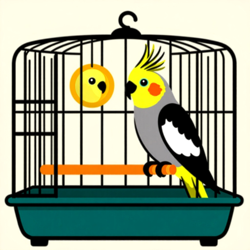 AI generated cockatiel: picture about bird care. picture style: comic cage size really cockatiel choosing ideal cage, high q
