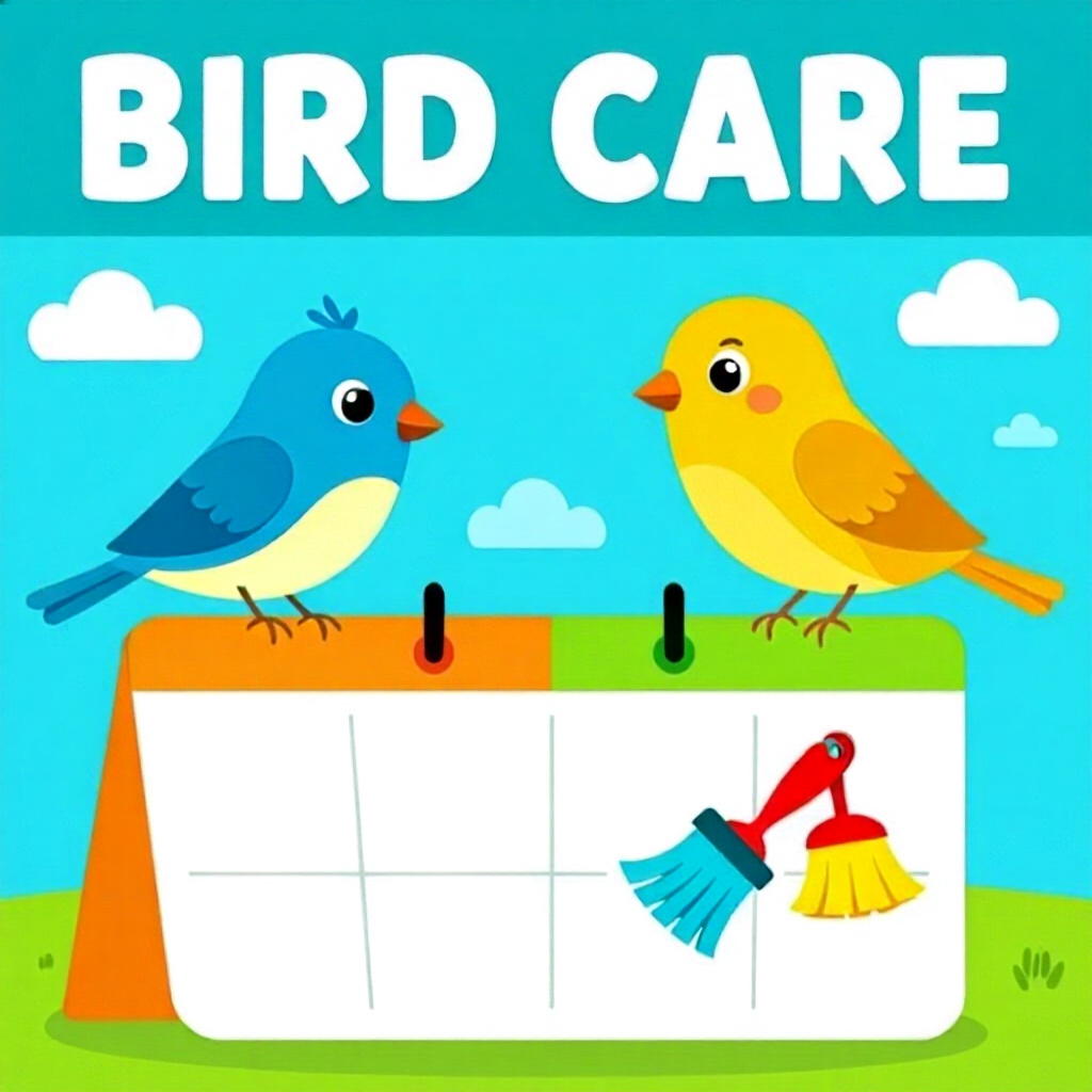 AI generated birds: picture about bird care. picture style: comic birds weekly cleaning calendar s m, high quality, deta